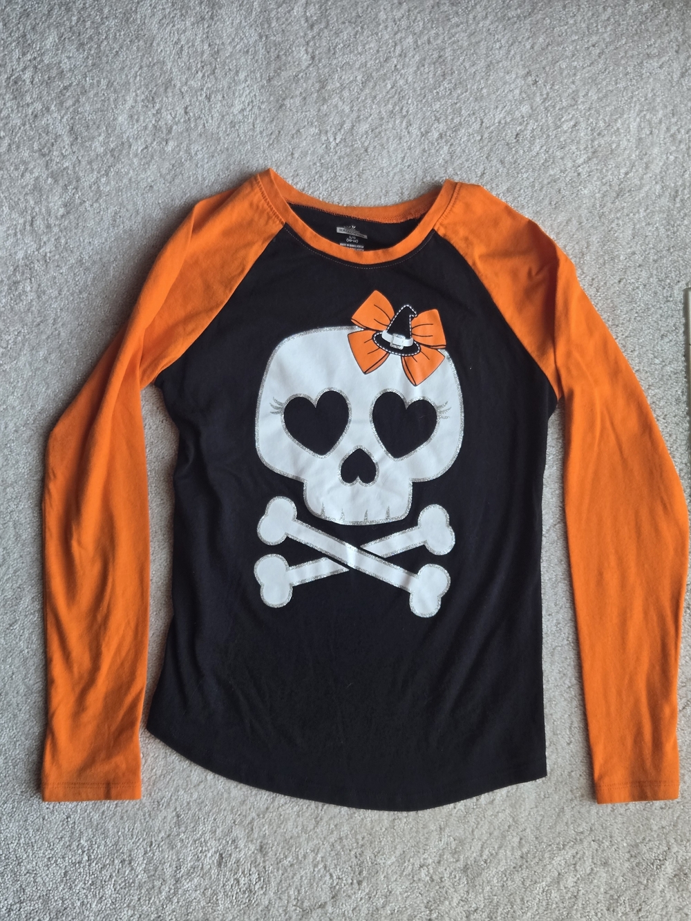 Girls Black & Orange Skull Raglan Top HAlloween Tshirt